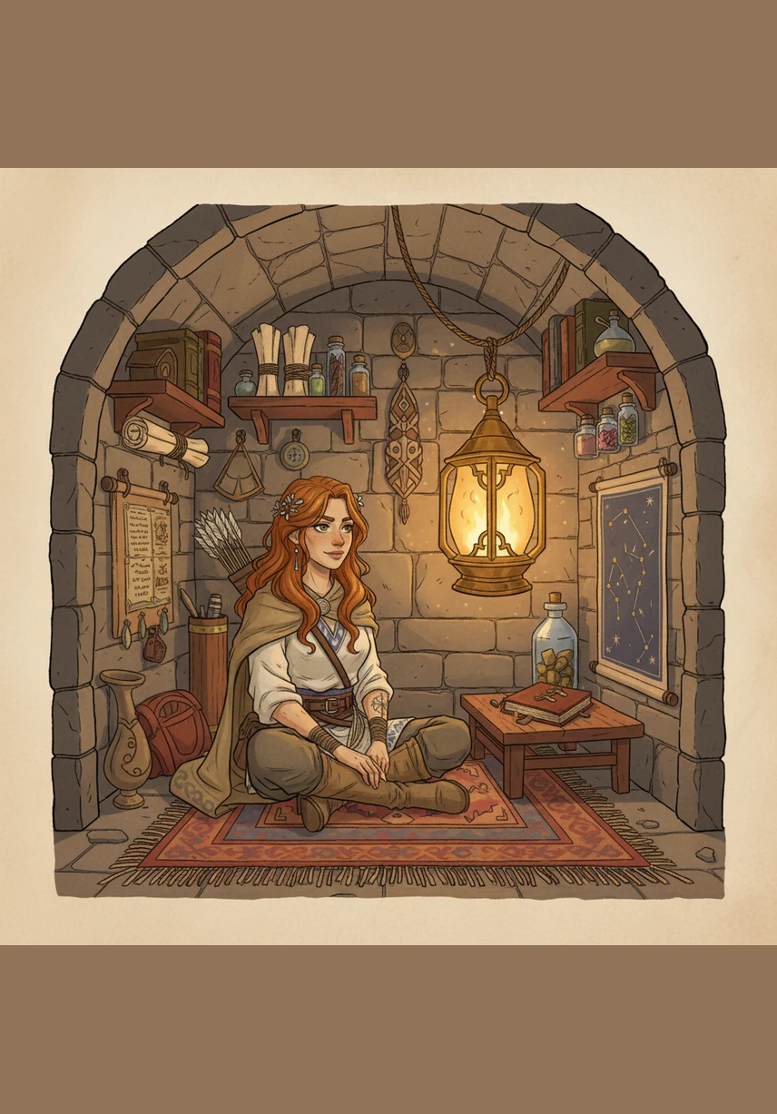 Deep within a hidden alcove reachable only through a narrow, forgotten passage, Zahira finds her sanctuary. In this small chamber lit by smuggled candles, she keeps the fragments of her soul: a scrap of dyed cloth and a polished shard of obsidian that serves as her secret mirror.