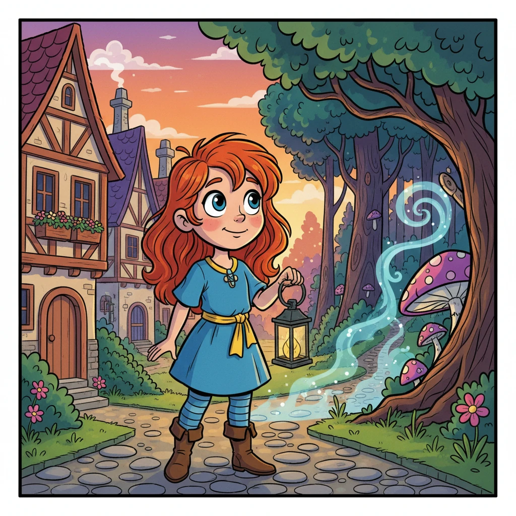 Aurora, uma menina curiosa de cabelos ruivos e olhos brilhantes, vivia em uma pequena vila perto de uma floresta misteriosa.