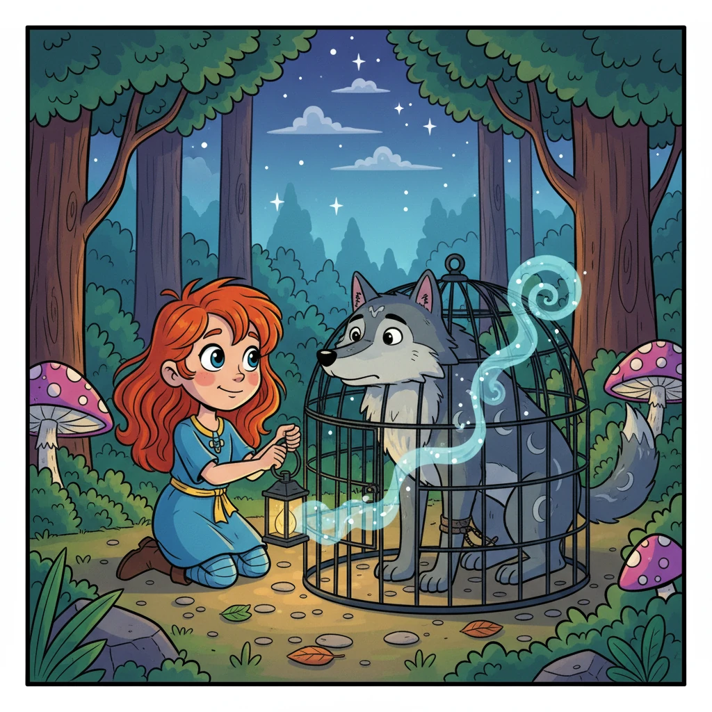 O lobo, chamado Luar, estava preso em uma armadilha. Aurora, com cuidado, o libertou.