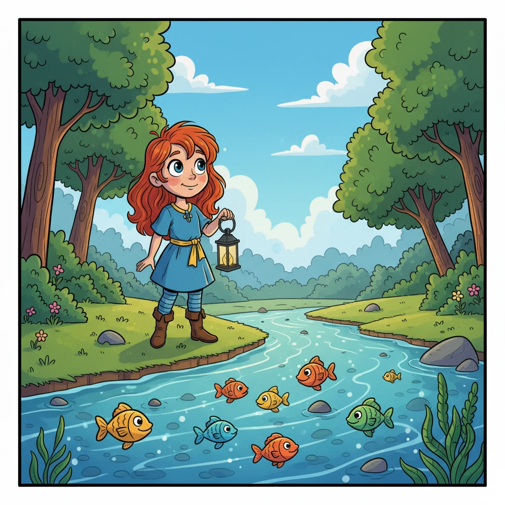 Eles encontraram um rio de água cristalina, onde peixes coloridos nadavam alegremente.