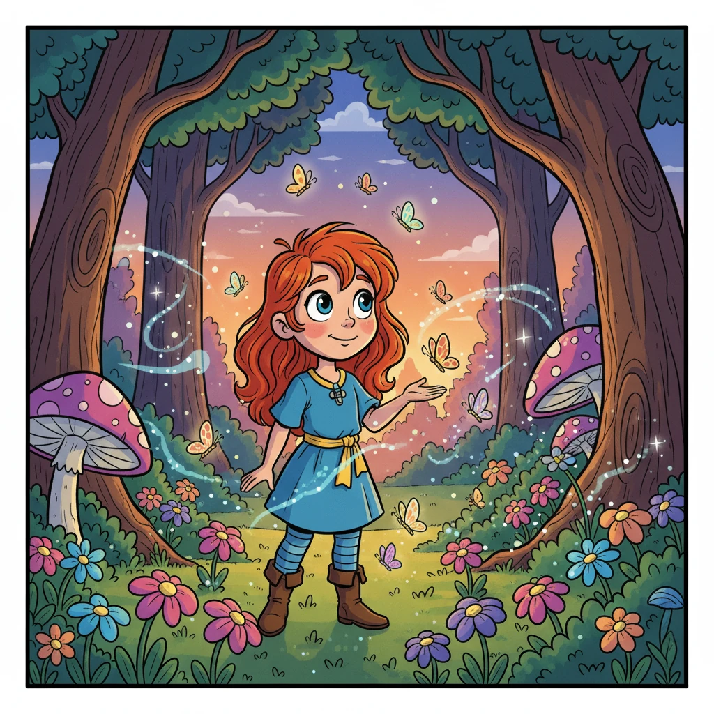 Mais adiante, eles se depararam com uma clareira mágica, cheia de flores brilhantes e borboletas.