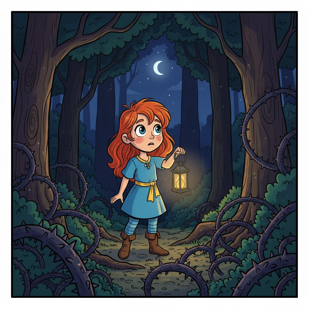 Mas a floresta também tinha seus perigos. Eles tiveram que enfrentar espinhos afiados e a escuridão da noite.