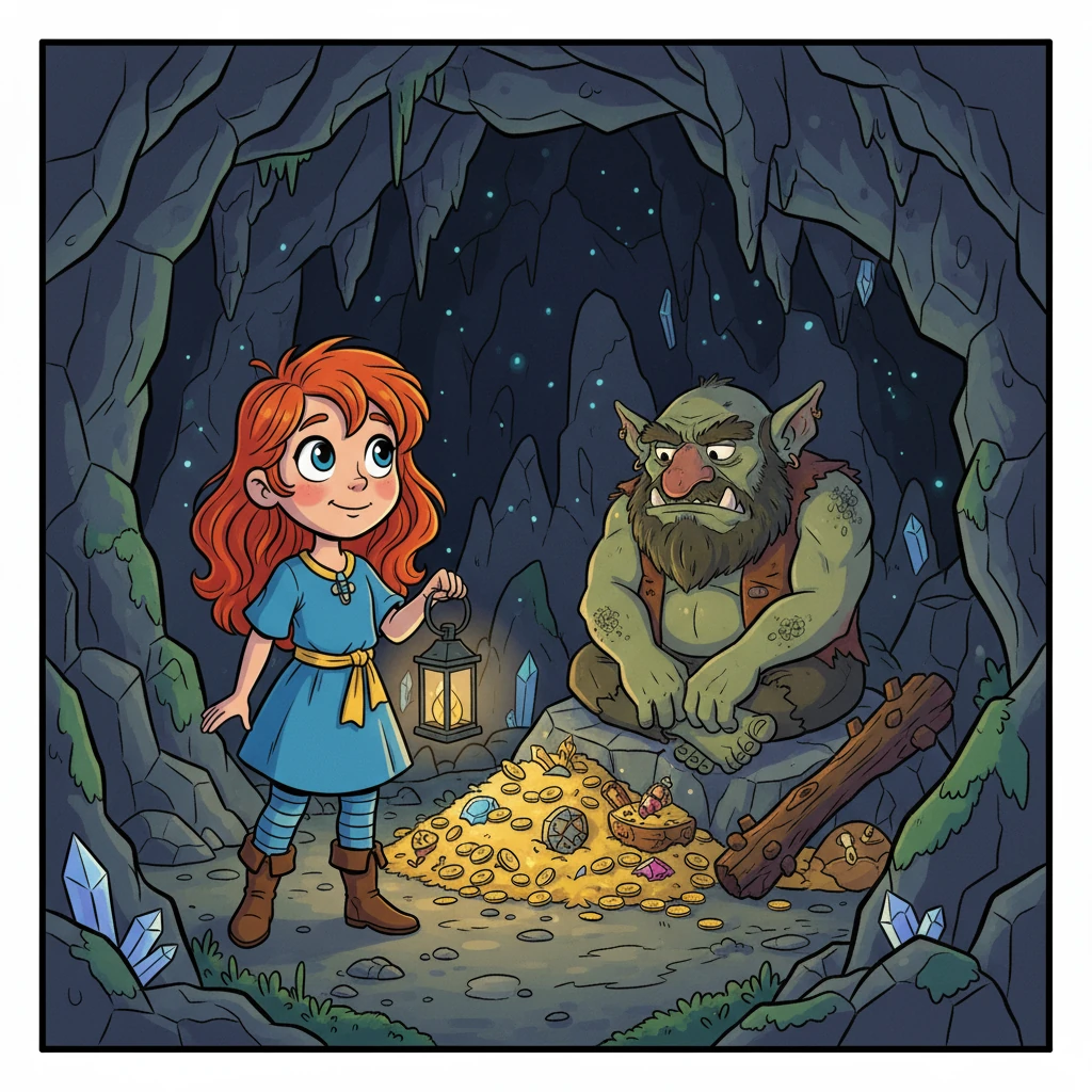 Em uma caverna escura, eles encontraram um troll mal-humorado, que guardava um tesouro.