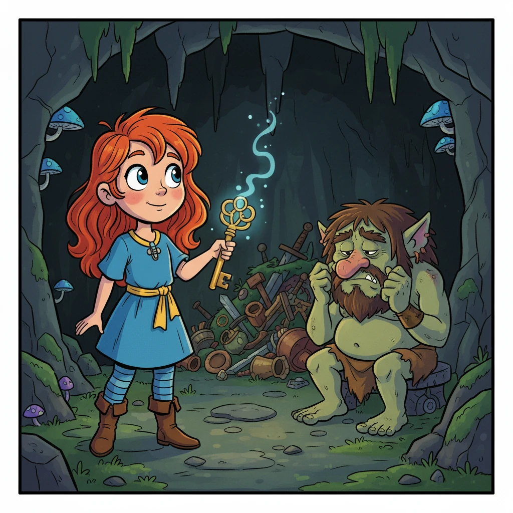 Aurora, com sua coragem e inteligência, conseguiu enganar o troll e pegar uma chave mágica.