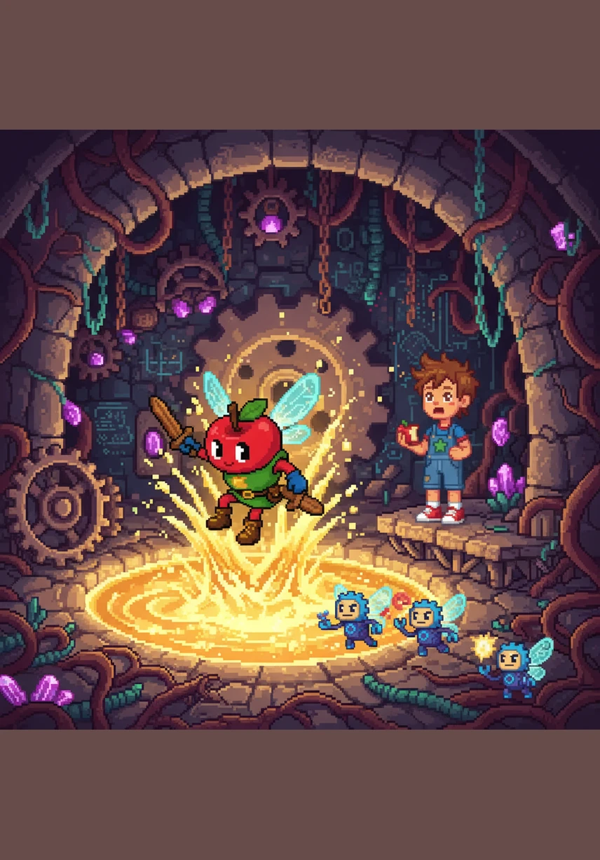 He splashes into the stomach, a bubbling pool of golden juices where the enzyme sprites live. These tiny, glowing workers engage in a playful battle with Albie, breaking him down into a magical, nutrient-rich liquid.