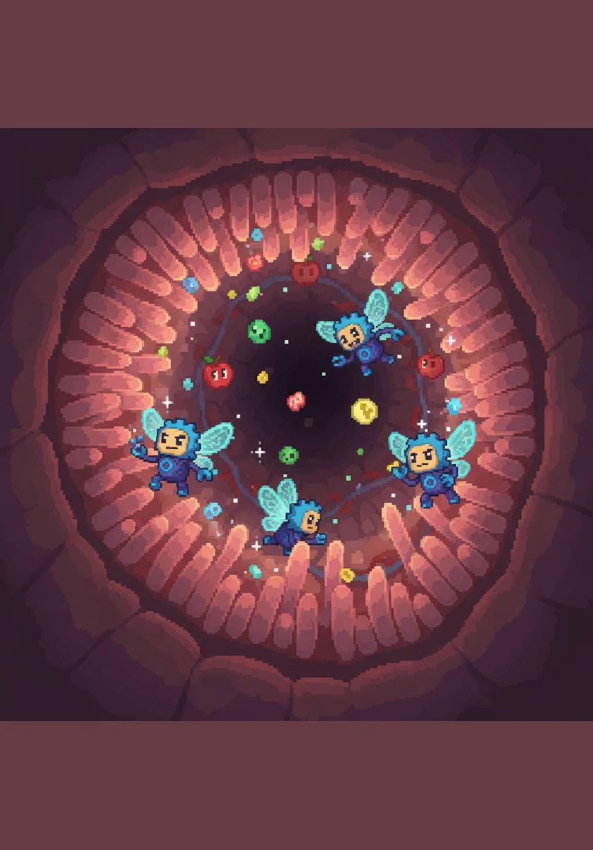 Along the tunnel walls, millions of tiny, waving villi reach out like soft sea anemones. They gently touch the passing nutrients, absorbing vitamins and minerals to send them directly into the bloodstream.