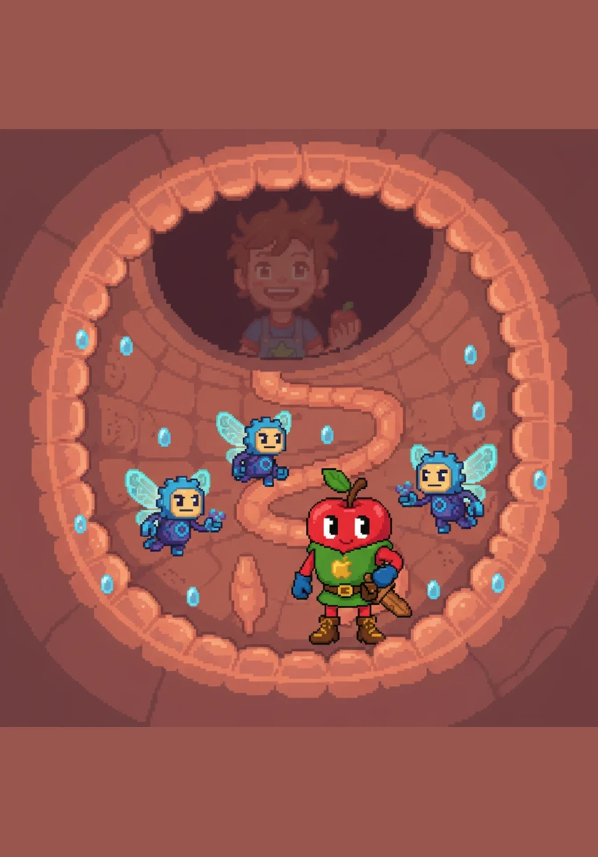 The remaining parts of the journey move into the large intestine, a wide and peaceful passage. Here, the body carefully drinks up any leftover water, ensuring that nothing from Albie’s journey goes to waste.