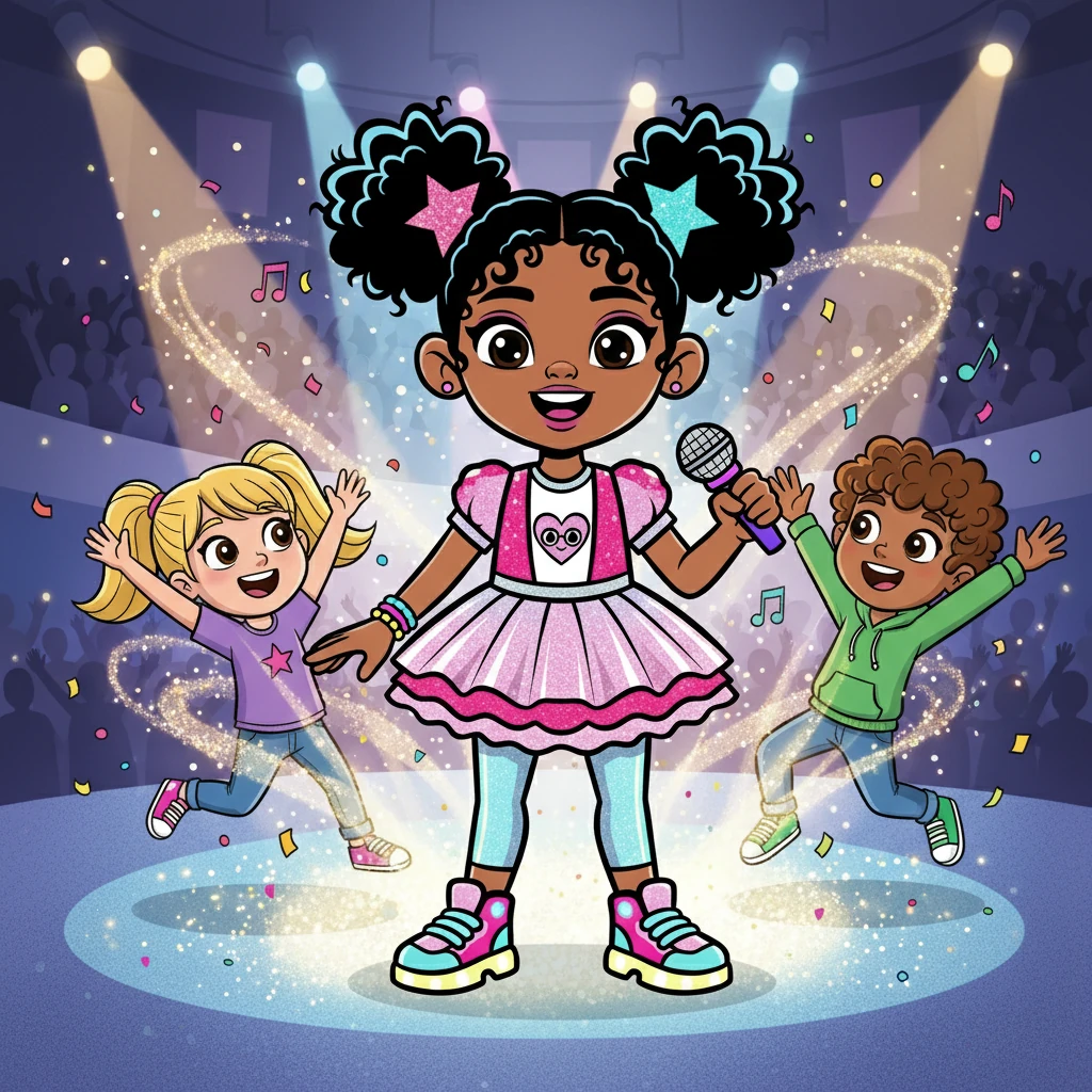 After the song ended, Aria's friends, Mia and Leo, appeared, as if teleported from the audience. They cheered and praised her amazing performance, and Aria felt a warmth spread through her, a mix of happiness and pride.