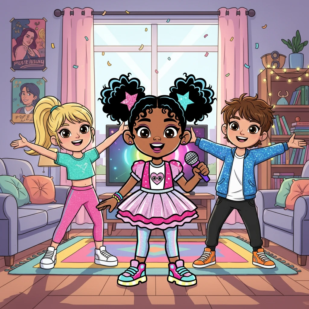Aria, Mia, and Leo now formed their own K-Pop group, dancing and singing their hearts out in Aria's living room. They giggled and helped each other with the moves, their bond growing stronger with every perfectly timed step.