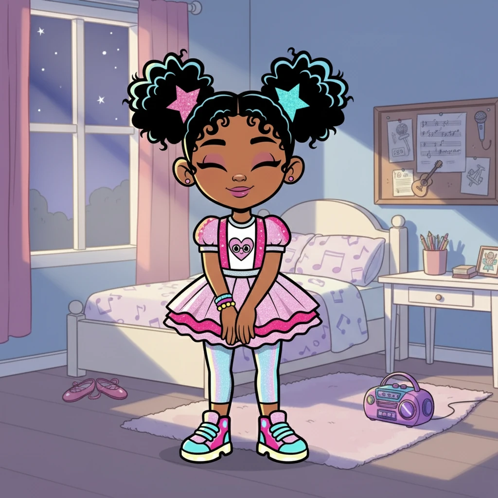 As the movie ended, Aria slowly returned to her own room, a soft smile on her face. The dream faded, but the feeling of joy and the love for music lingered, making her feel even more determined to pursue her singing and dancing goals.
