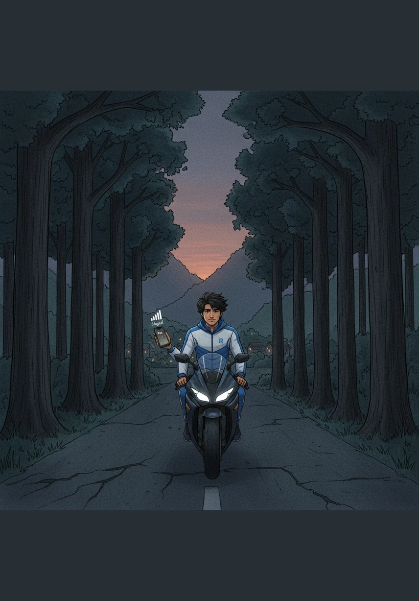 Under a darkening sky, Rohit rides his motorcycle down a narrow, desolate road toward the remote village of Kaalvan. The last bars of signal vanish from his phone screen just as the dense, oppressive forest begins to swallow the path ahead.
