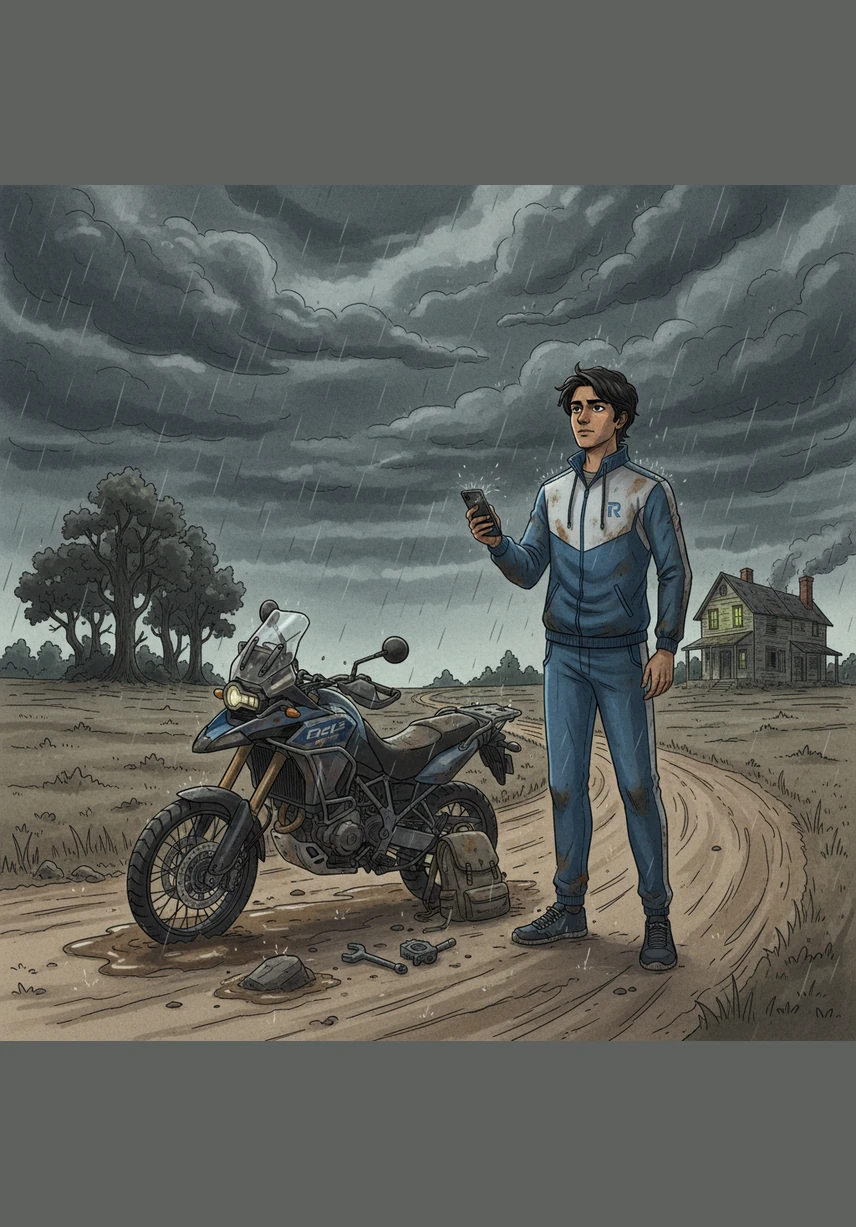 The motorcycle suddenly sputters and dies, leaving Rohit in a heavy, unnatural silence. He stands alone on the dirt road, surrounded by tall, crooked trees that seem to lean inward as if they are watching his every move.