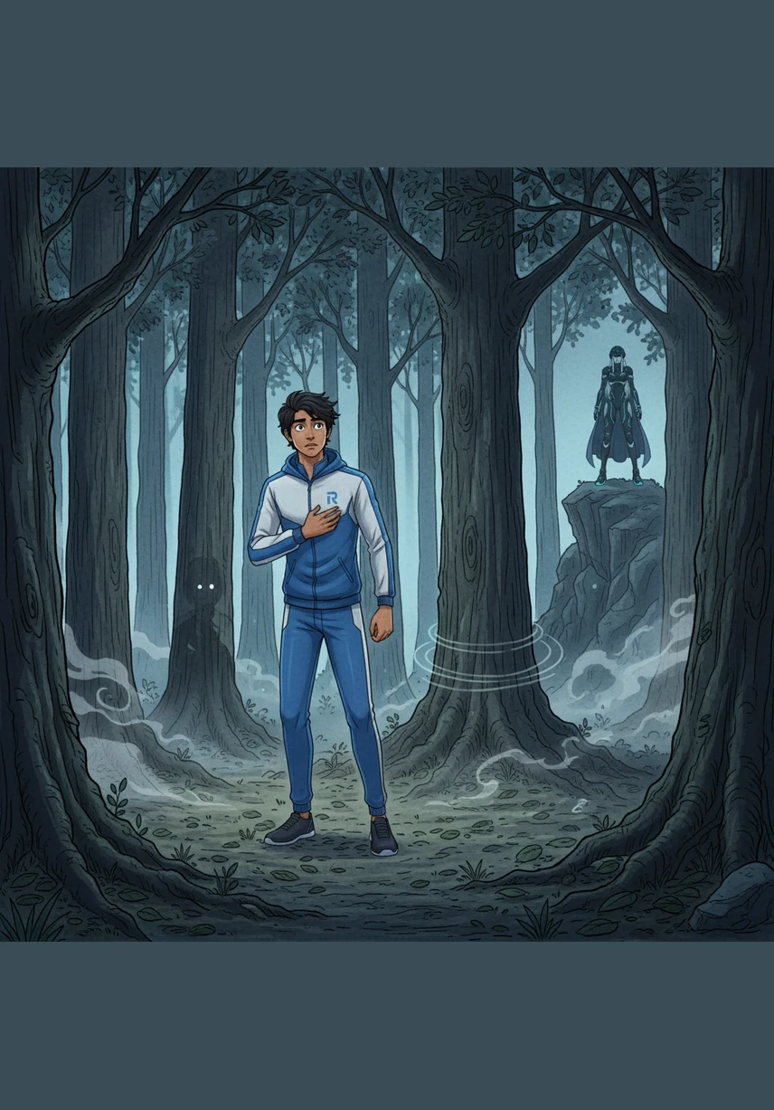 A faint, rhythmic metallic sound echoes through the trees—the distinct, haunting chime of silver anklets. Rohit freezes, his heart hammering against his ribs, but when he looks around, the forest remains eerily still and empty.