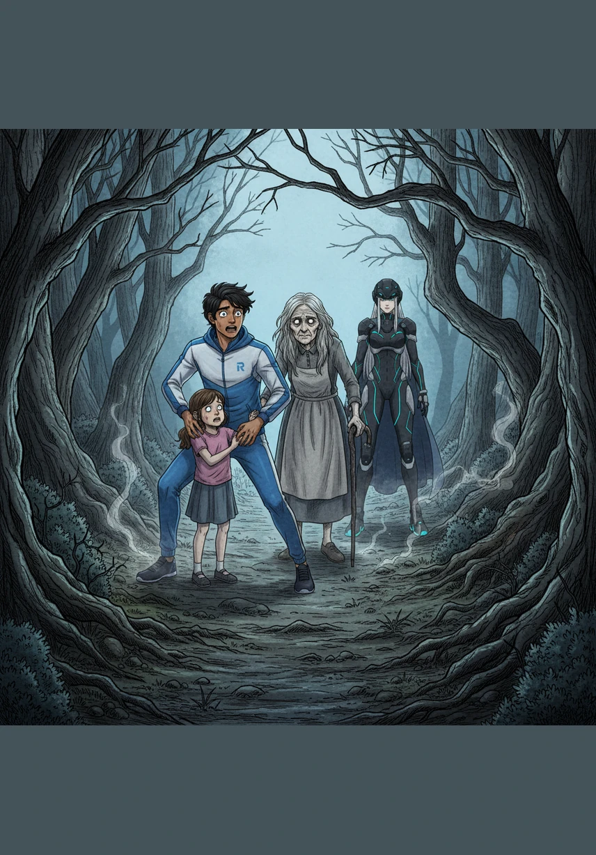 A door creaks open and an old woman with hollow, vacant eyes emerges into the pale moonlight. She suddenly reaches out and grabs Rohit’s wrist, her skin feeling as cold as mountain ice against his warm flesh.