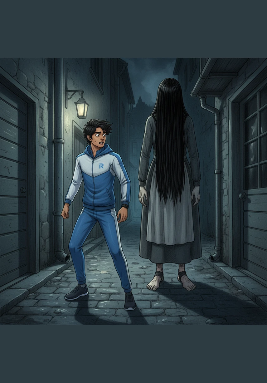 Rohit turns slowly to find a tall, terrifying figure standing just a few paces away in the shadows. Her long black hair masks her face and sweeps the ground, but it is her feet, twisted completely backward, that make his blood run cold.