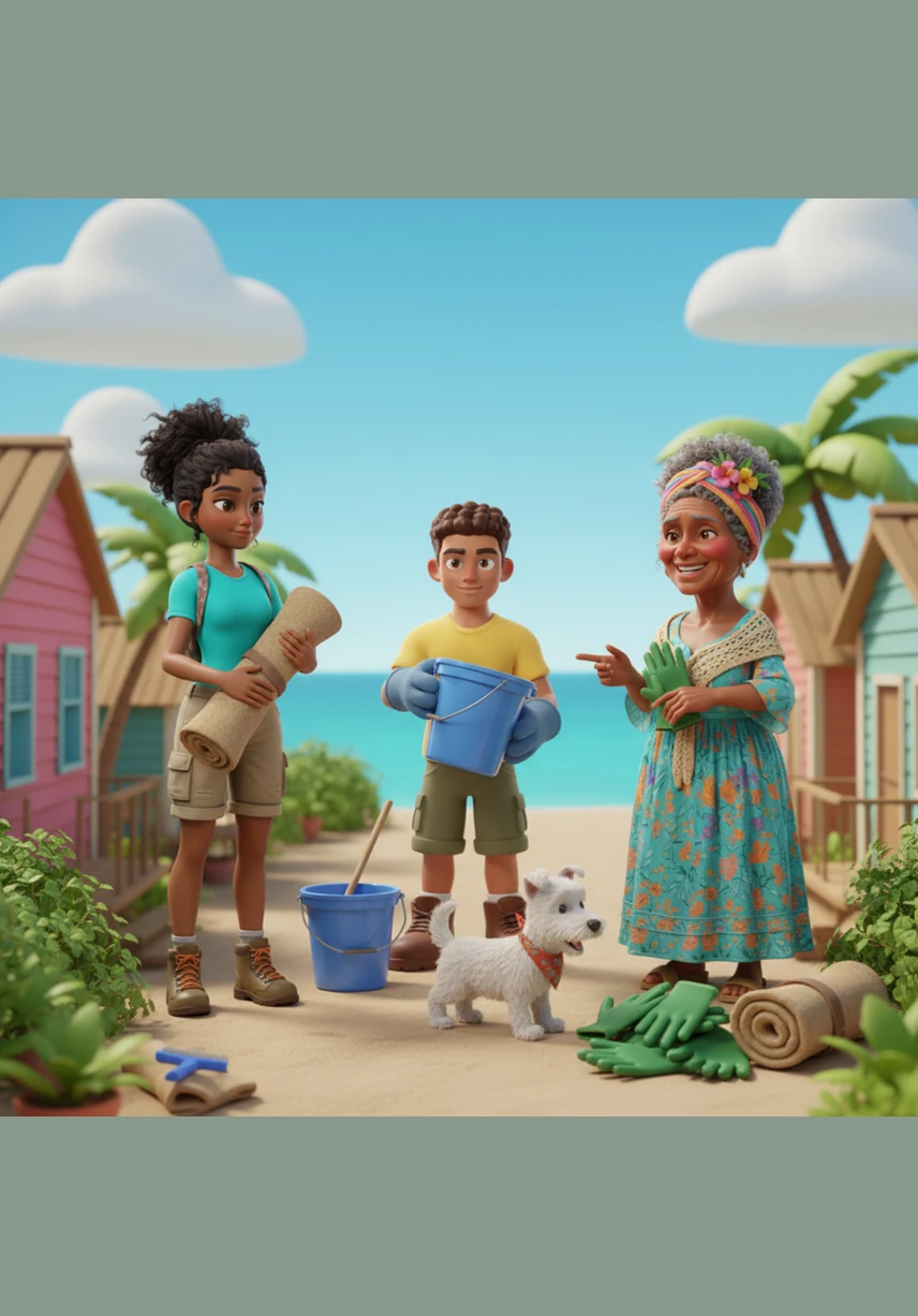 Motivados por el cambio, Ana y Carlos comienzan a organizar un gran plan de acción para salvar su entorno. Junto al entusiasta perrito Pepe, reúnen guantes, bolsas resistentes y cubetas para iniciar la gran jornada de limpieza.