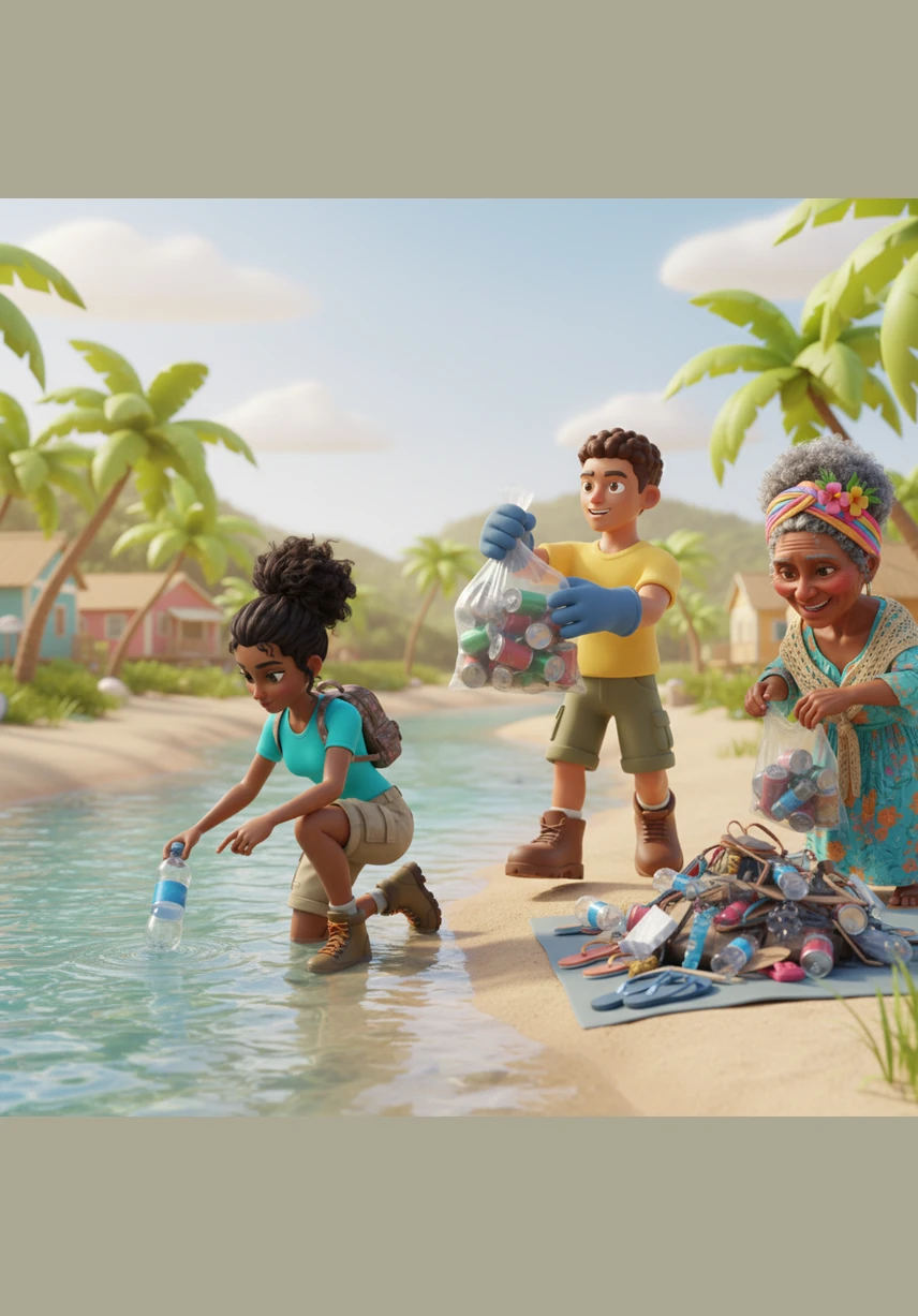 Bajo el cálido sol caribeño, el equipo comienza a recoger botellas, latas y bolsas plásticas de la orilla del río. Pepe corre de un lado a otro animando a todos, mientras el montón de basura recolectada crece cada vez más.