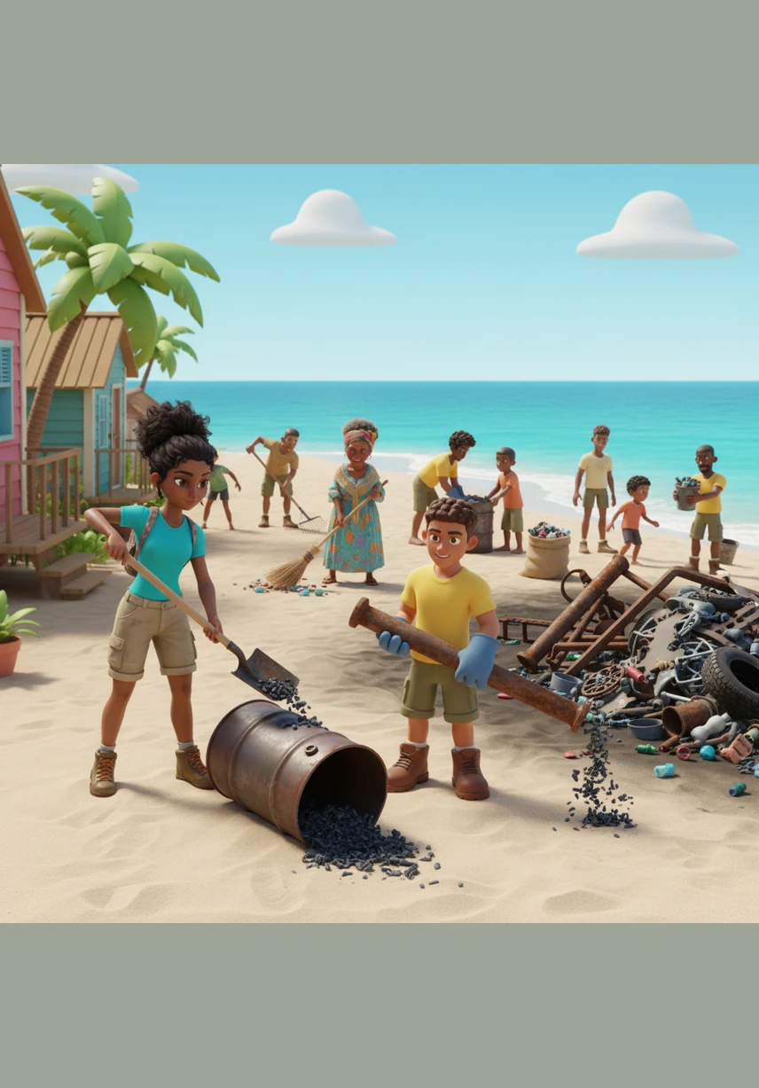 El trabajo es arduo, pero la comunidad entera se siente inspirada y comienza a unirse a la causa. Juntos, retiran los desechos industriales y limpian cada rincón de la playa hasta que la arena vuelve a brillar blanca y pura.