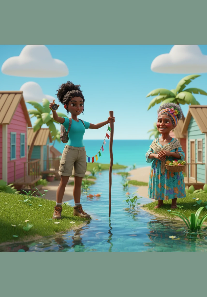 Ana observa con alegría cómo los niños del pueblo juegan de forma segura en el agua limpia y cristalina. La salud de la naturaleza ha traído consigo una nueva ola de prosperidad y oportunidades para todos los jóvenes del pueblo.