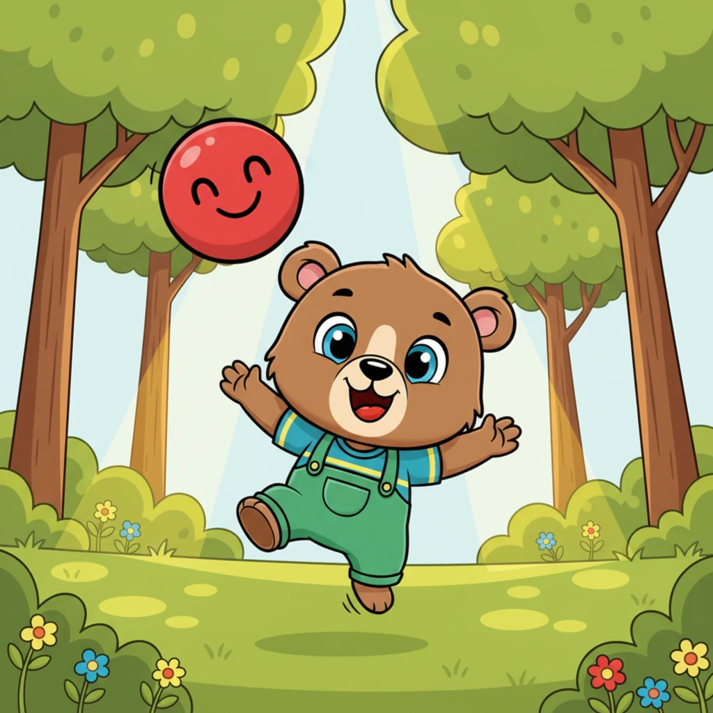 Little Nico the bear cub bounced his bright red ball through the sunny forest, his giggles echoing among the tall green trees. He loved to chase it, tumble after it, and catch it with a happy grin, enjoying every moment of his solo playtime. The vibrant colors of the forest matched his cheerful mood.