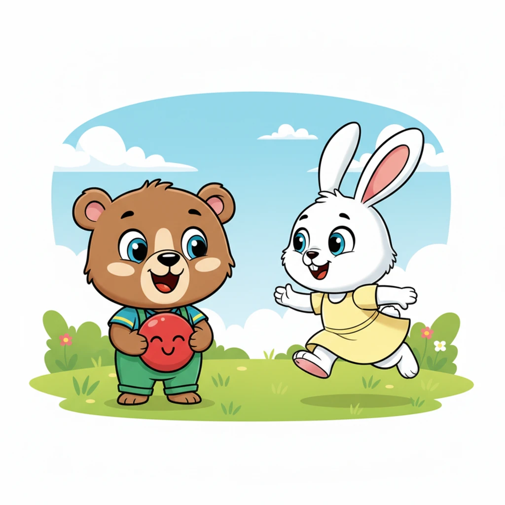 Suddenly, his friend Pipa the bunny hopped closer, her long ears twitching with excitement. "Can I play too, Nico?" she asked with a hopeful smile, her eyes sparkling at the sight of the bouncy red ball. Pipa's eager face showed her longing to join the fun.