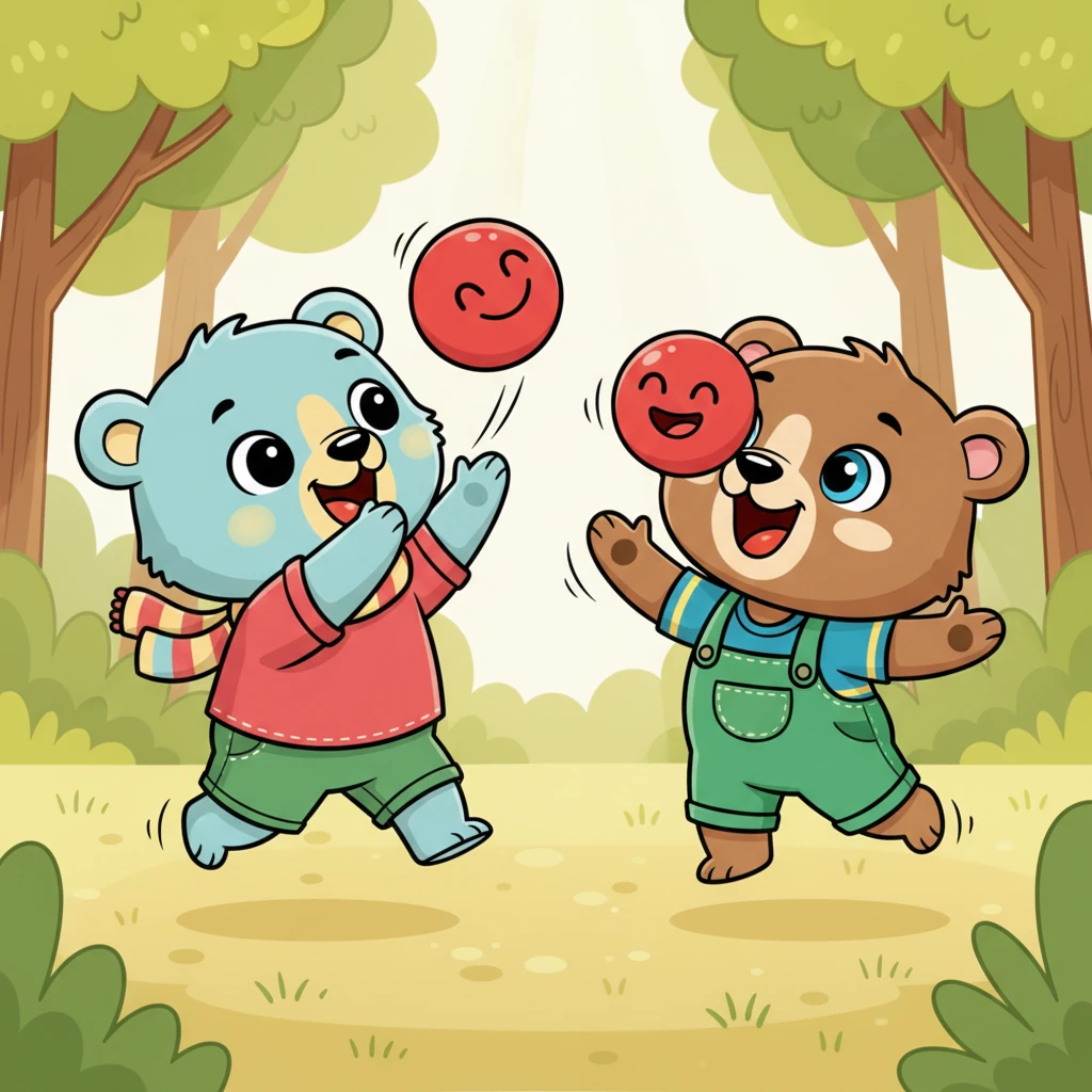 With happy squeals and joyful hops, Nico and Pipa chased the bright red ball together, their laughter filling the forest. Nico tossed it high, and Pipa caught it with her nose, both friends having the most wonderful time sharing their game, their friendship shining brightly.
