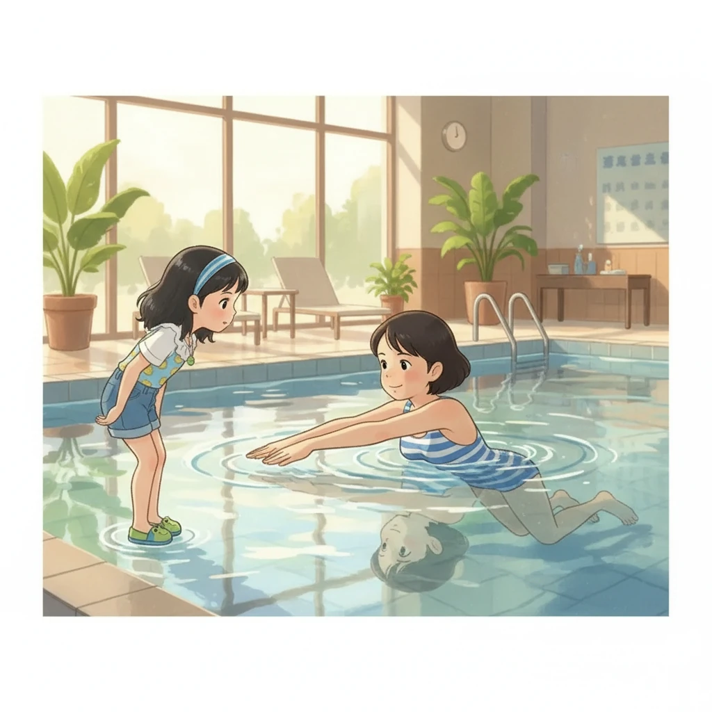 妈妈是专业的游泳运动员，她温柔地笑着，向小雨示范蛙泳的动作。她优雅地伸展手臂，双腿像青蛙一样蹬水，整个动作流畅而优美。小雨聚精会神地看着，眼中充满了好奇和向往。