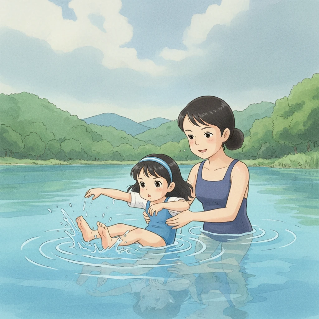 小雨尝试着模仿妈妈的动作，她在水里笨拙地划动手臂，双腿也时不时地乱蹬。妈妈在一旁耐心地指导，纠正她的动作，并鼓励她不要放弃。小雨虽然有些吃力，但仍然坚持着。