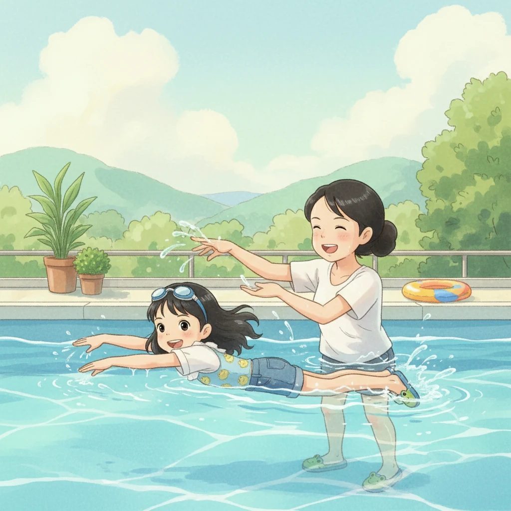 妈妈和小雨一起在水中玩耍，她们互相嬉戏，欢声笑语充满了整个泳池。小雨在妈妈的陪伴下，更加自信地游着，她的蛙泳技术也越来越好。