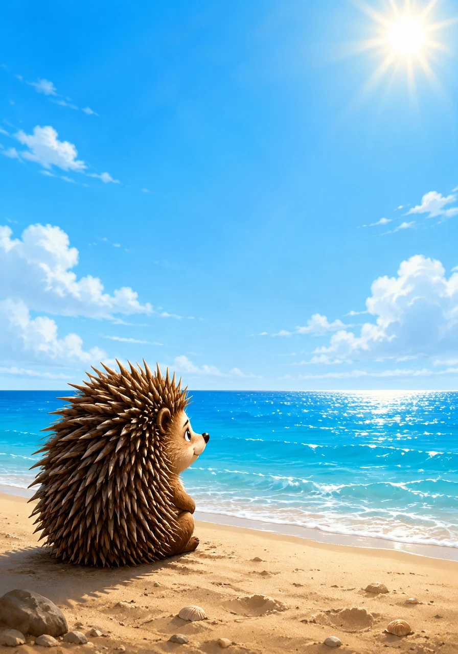 Pip the porcupine sits alone on a sunny beach, looking out at the vast, sparkling blue ocean. His brown quills are sharp and pointy, making him feel a little bit lonely as he watches the waves.