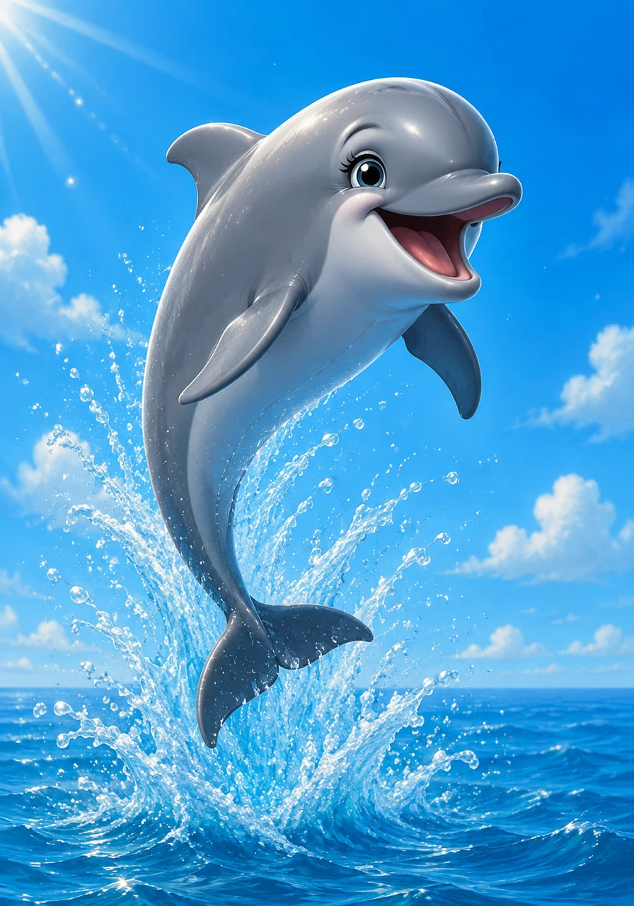 Suddenly, a friendly dolphin named Delphine leaps high out of the water with a graceful splash. Her skin is smooth and grey, and she has a big, happy smile that reaches all the way to her eyes.