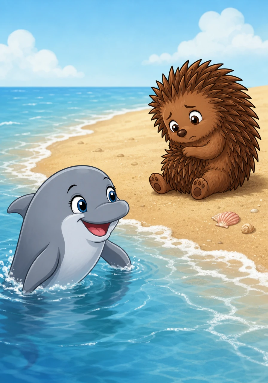 Delphine swims closer to the shore and spots Pip sitting on the sand. Pip looks at his own prickly back and sighs, wishing he could swim and play without being so spiky.