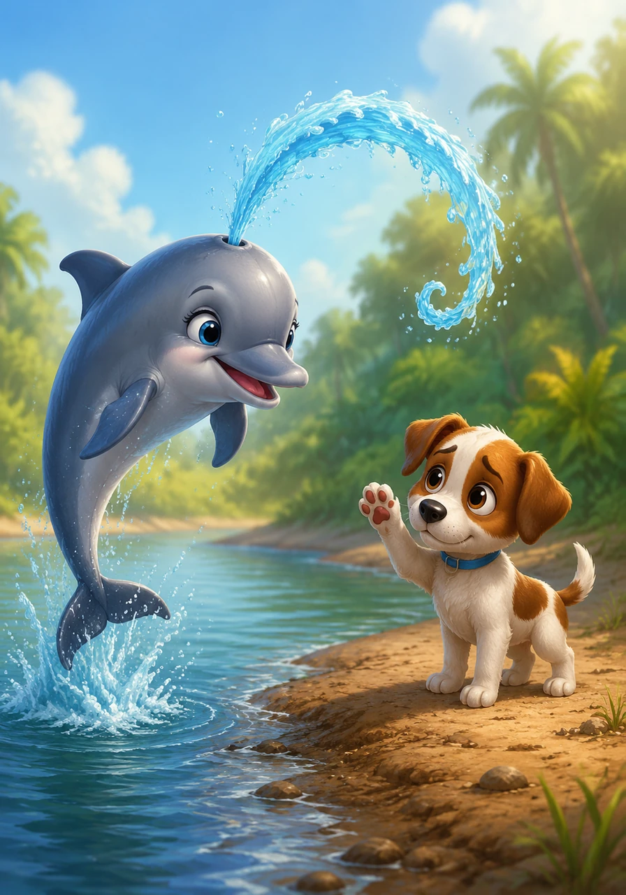 The kind dolphin whistles a cheerful tune and splashes a tiny bit of water toward Pip to say hello. Pip feels a little shy, but he slowly raises his paw and gives a small wave back to his new friend.
