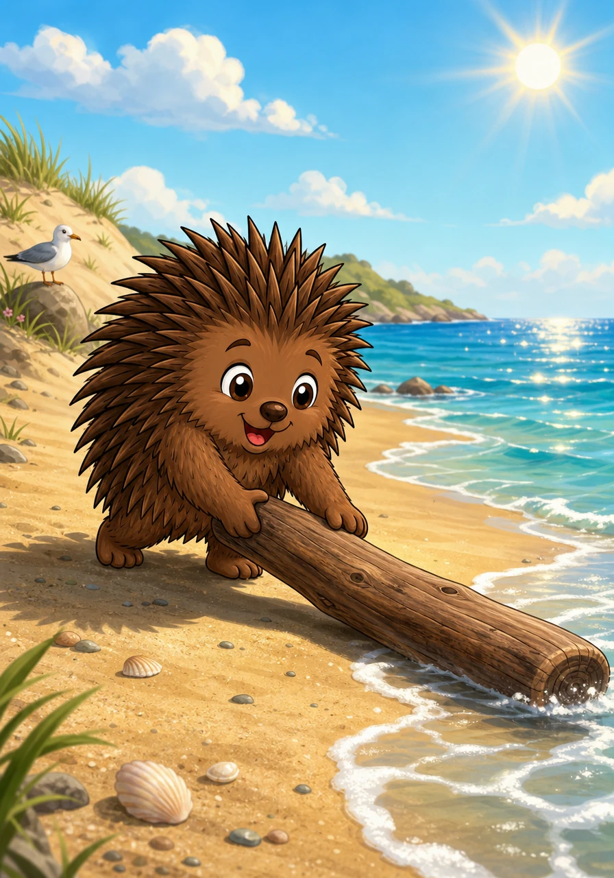 Pip finds a long, smooth piece of driftwood on the beach and carefully pushes it toward the water. He wants to play a game, but he is careful to keep his sharp quills away from the gentle waves.