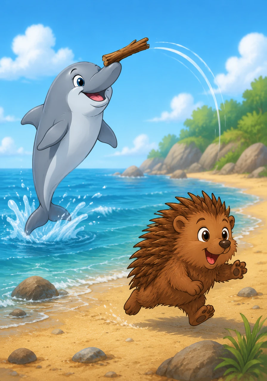 Delphine catches the driftwood with her nose and tosses it back toward the shore with a joyful flip. Pip giggles and scampers to fetch it, realizing they can play together even if they are very different.