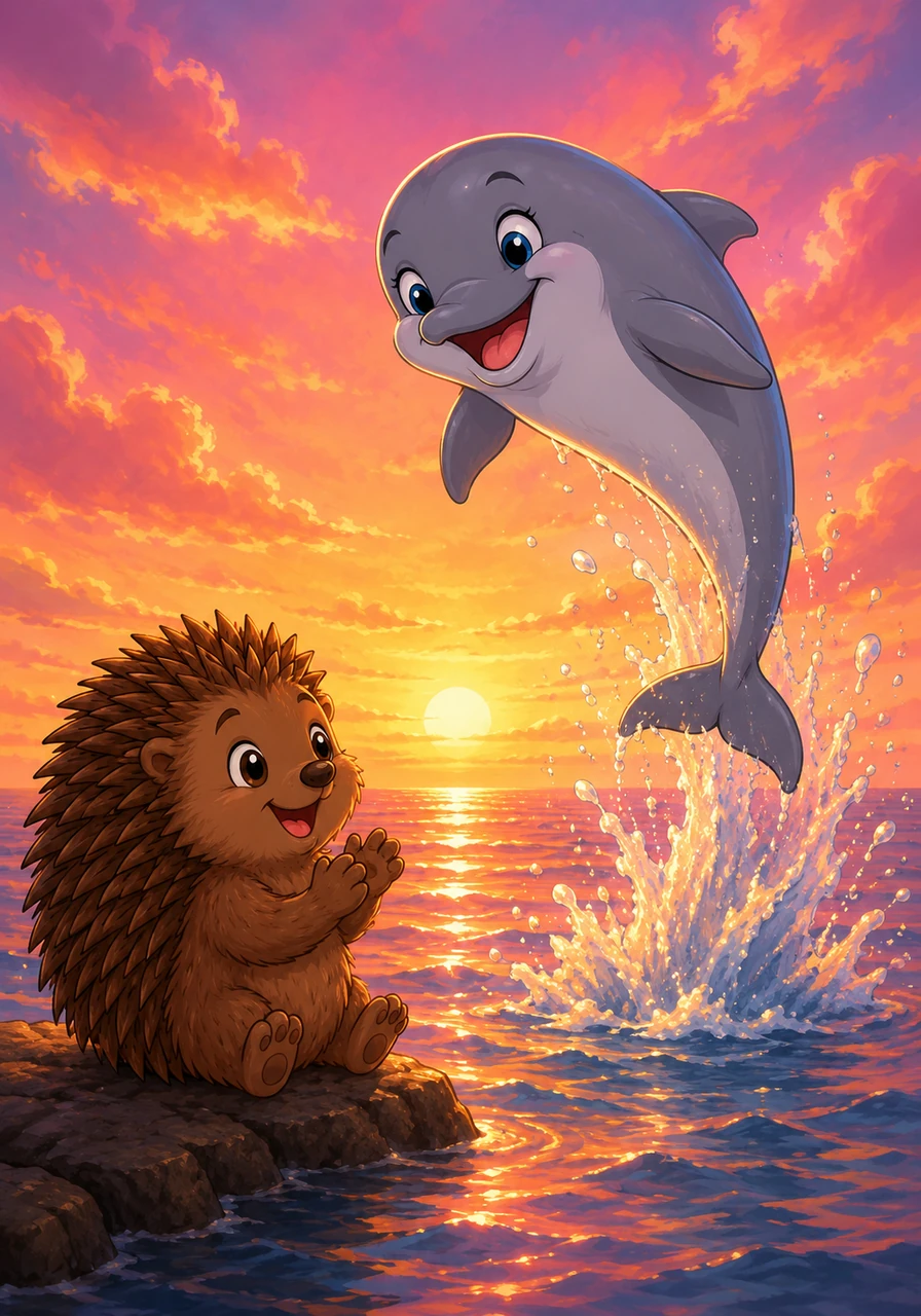 As the afternoon sun begins to set, the sky turns into a beautiful painting of pink, orange, and gold. Delphine performs a series of spectacular jumps in the water to make Pip clap his paws in delight.