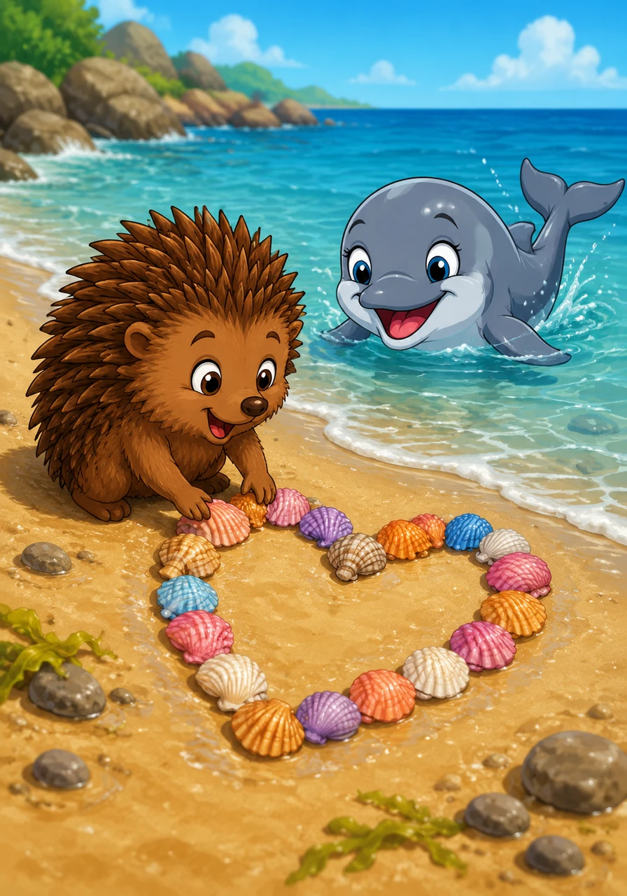 Pip decides to make a special gift for Delphine by arranging colorful seashells in the shape of a heart on the wet sand. Delphine swims as close as she can, clicking happily to show how much she loves the surprise.