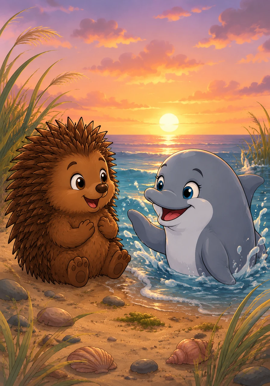 The two friends spend the rest of the evening sharing stories through splashes and soft rustles of the beach grass. They learn that being kind is much more important than being smooth or spiky.