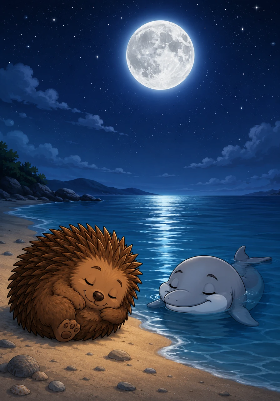 Under the glow of the silver moon, Pip curls up for a nap on the soft sand while Delphine rests in the calm tide nearby. They both fall asleep feeling happy and loved, knowing they have found a true friend.