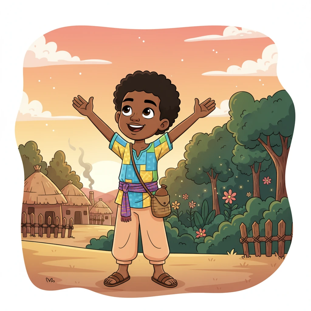 The first rays of dawn painted the sky in hues of orange and pink over a peaceful Nigerian village. Young Chike, known for his brave heart and quick smile, stretched, his eyes set on the dense, mysterious forest beyond the village edge. Today was the day he would embark on his quest to find the legendary Sunpetal Flower, said to cure any ailment. His small, woven satchel held only a water gourd and a determined spirit.