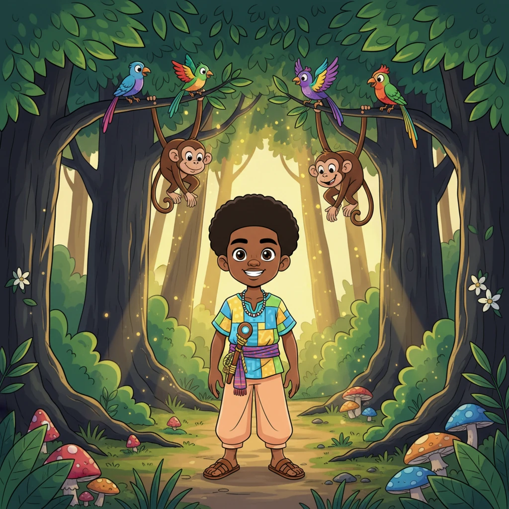 Chike stepped into the Enchanted Ebony Forest, where giant trees with emerald leaves towered like ancient guardians. Sunlight dappled through the canopy, creating a magical glow on the forest floor. Exotic birds with rainbow feathers chirped melodies, and curious monkeys peered down from branches, welcoming the little adventurer. The air was thick with the scent of damp earth and blooming jasmine.