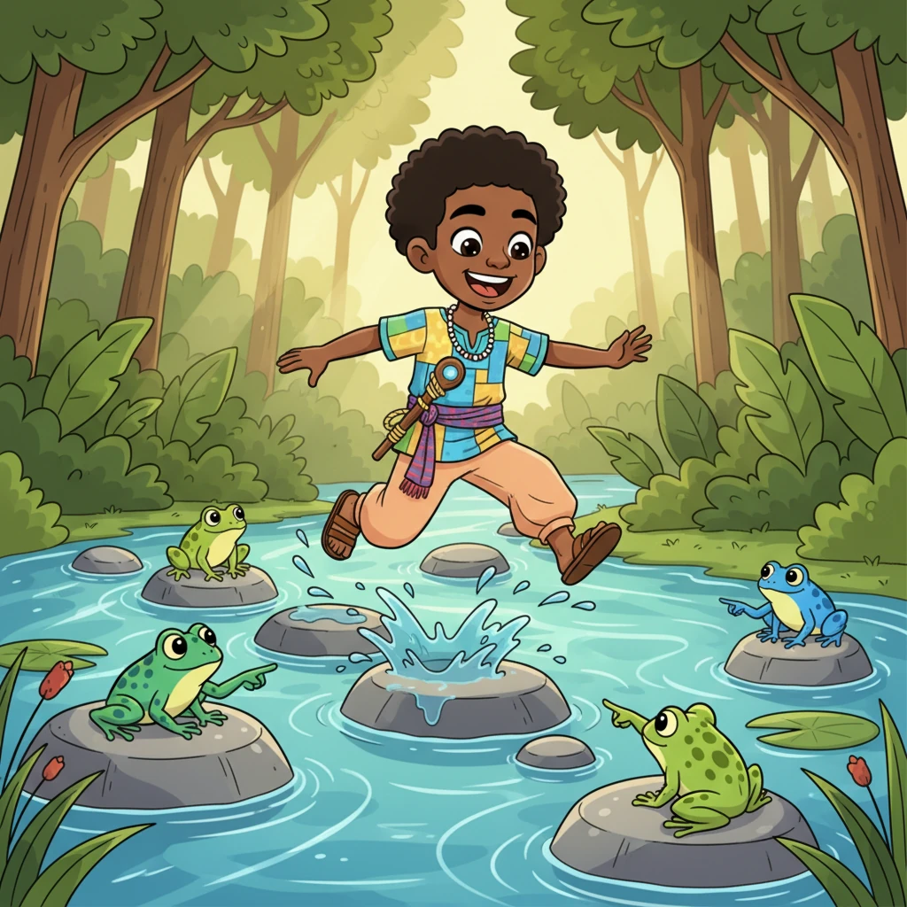 Deep within the forest, Chike encountered a winding river, too wide to jump and too swift to swim. A mischievous group of brightly colored frogs croaked and pointed to a series of large, smooth stones half-submerged in the water. With a joyful leap and careful balance, Chike hopped from stone to stone, his laughter echoing as he safely reached the other side.