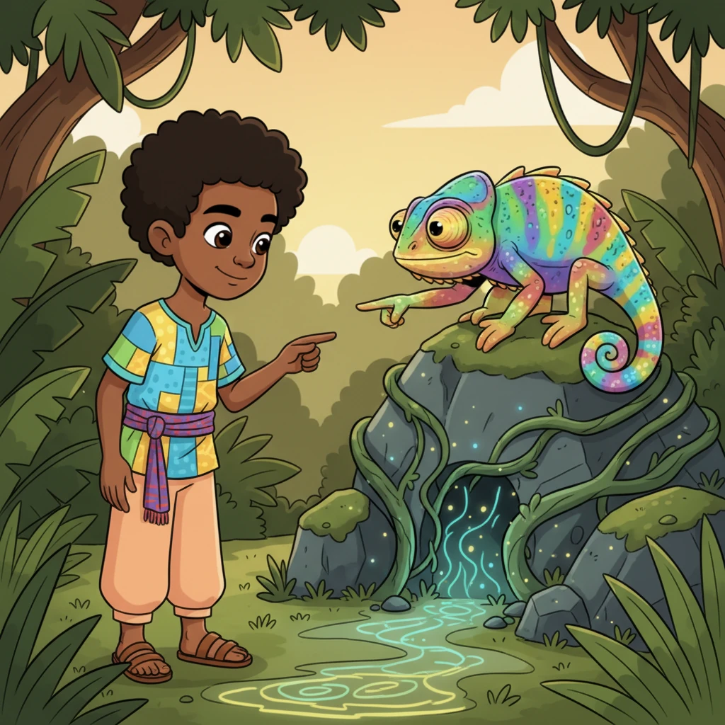 Further on, a wise old chameleon, its skin shimmering with a thousand colors, suddenly appeared on a mossy rock. It slowly blinked, then pointed a gnarled claw towards a hidden path overgrown with luminous vines. Chike understood, thanking his new friend with a respectful nod before venturing down the mysterious trail. This path felt different, humming with ancient magic.