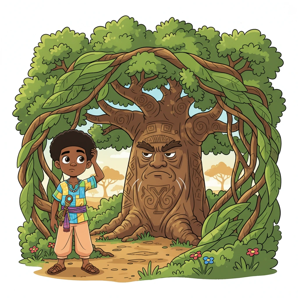 The path led to a clearing where a giant, grumpy Baobab tree stood guard, its trunk carved with intricate, swirling patterns. The tree groaned, its leafy branches forming a tangled maze, blocking the way forward. It demanded a riddle be solved before anyone could pass. Chike scratched his head, thinking hard about the tree's rumbling challenge.