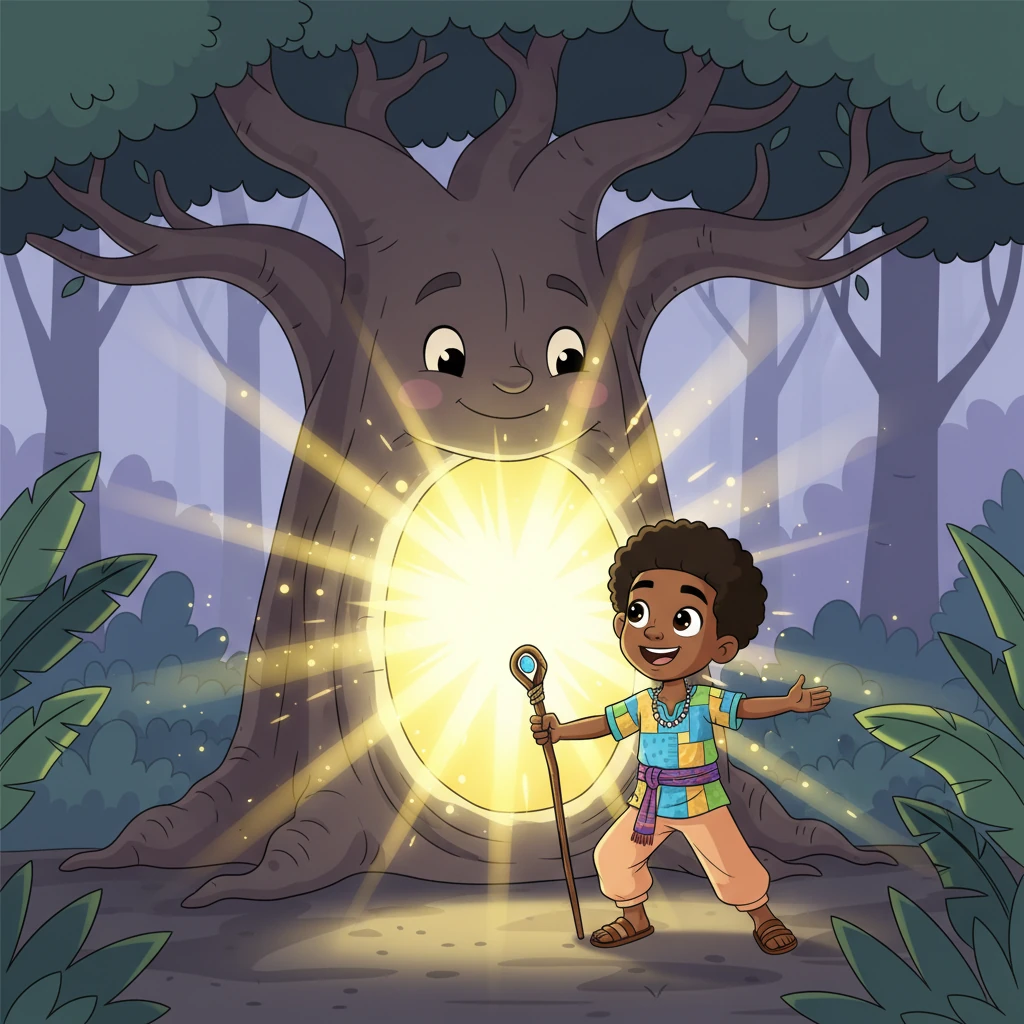 Chike, remembering an old village tale, bravely answered the Baobab's riddle with a clever rhyme about the sun and moon. The grumpy tree slowly smiled, its gnarled branches gracefully parting to reveal a hidden passage. A burst of golden light spilled from within, beckoning Chike deeper into the heart of the forest. He knew he was close.