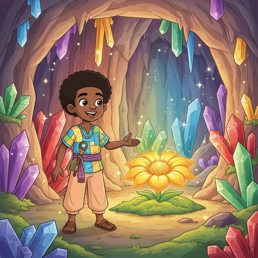 Within the hidden passage, Chike discovered a magnificent cavern, sparkling with luminous crystals of every color. In the center, nestled on a bed of soft moss, was the legendary Sunpetal Flower. Its petals glowed with an inner light, radiating warmth and vibrant energy, just as the elders had described. It was even more beautiful than he imagined.