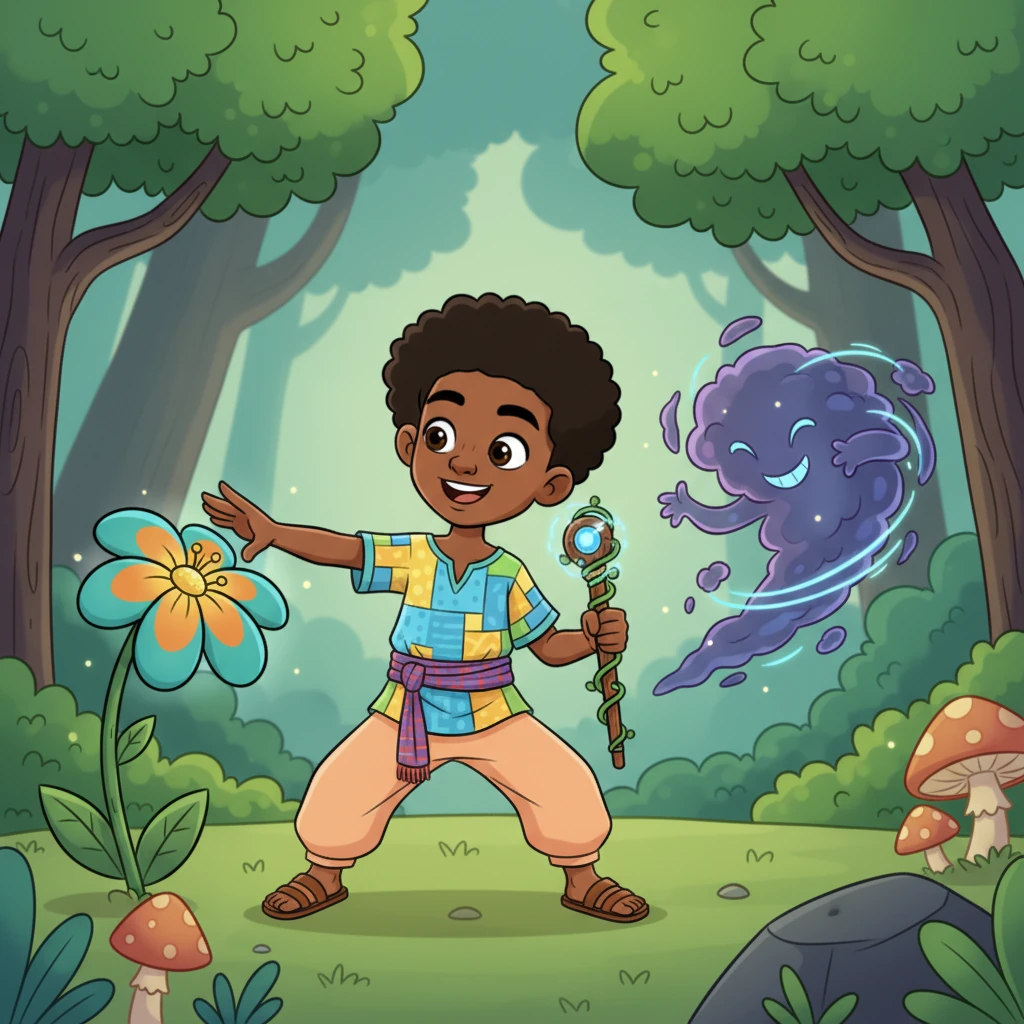 Just as Chike reached for the flower, a shadowy, playful spirit of the forest, made of swirling mist and giggles, zipped around, trying to whisk the flower away. It wasn't malicious, just mischievous, wanting to keep the magic for itself. Chike, with a wide smile, knew he couldn't fight it with force.