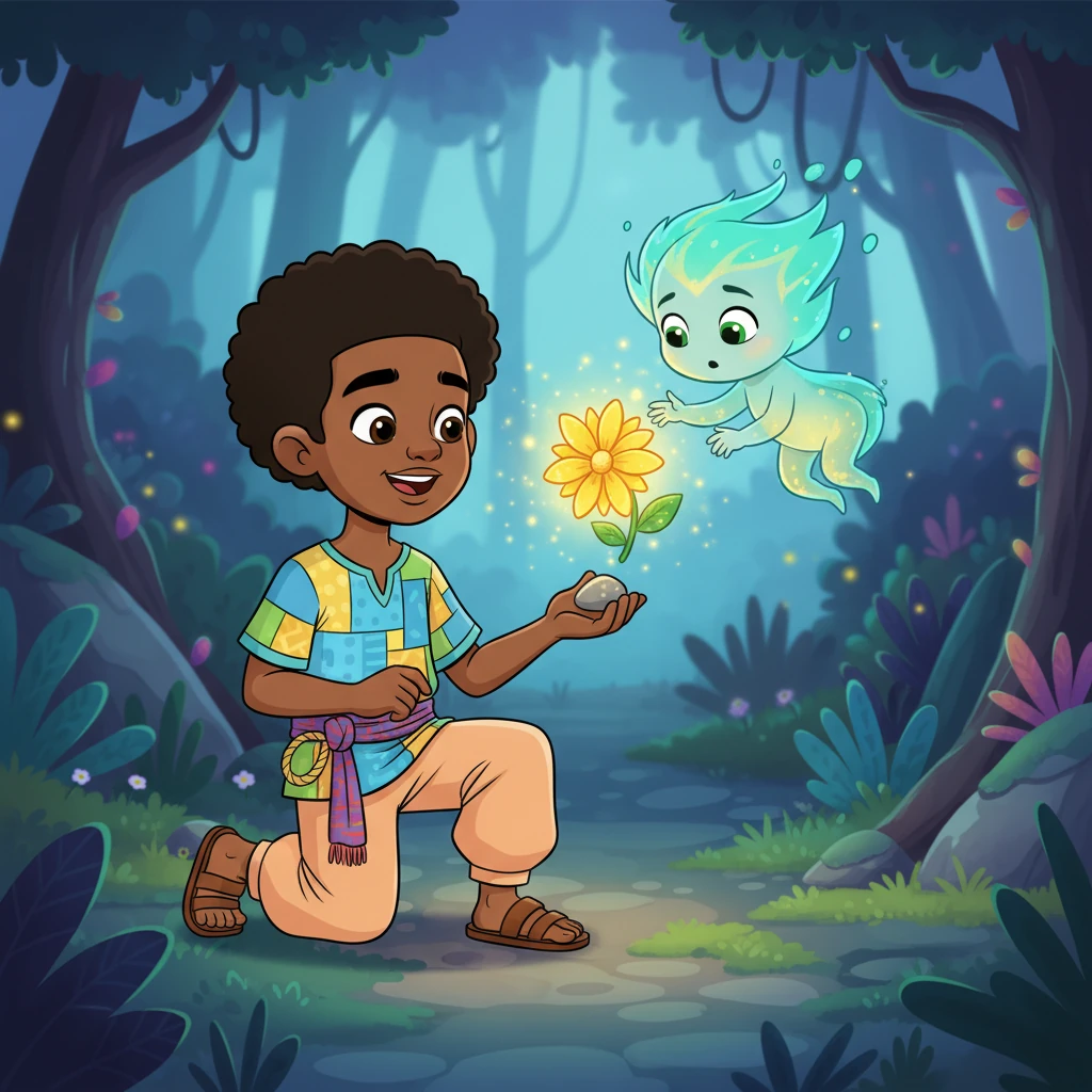 Chike, instead of chasing, offered the spirit a small, shiny pebble he had found earlier, explaining how important the flower was for his village. The spirit, touched by his kindness and the gift, gently released the Sunpetal Flower. It shimmered brightly, acknowledging Chike's pure heart and courageous spirit. Victory was sweet and peaceful.