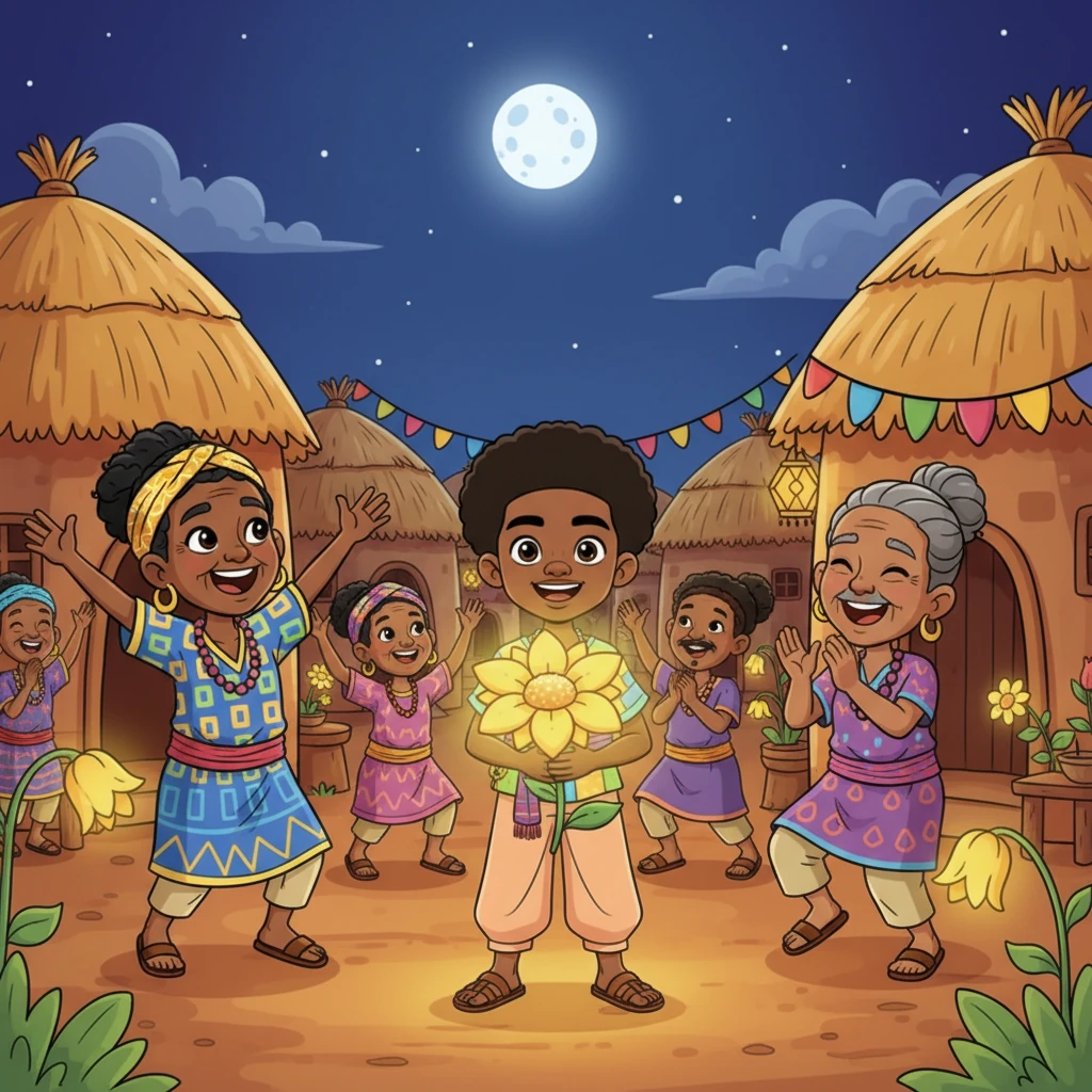 Under the soft glow of the moon, Chike returned to his village, the Sunpetal Flower held carefully in his hands. The village elders greeted him with cheers and relieved smiles. As the flower's light spread, the sleepy spell lifted, and the village returned to its vibrant, joyful self, forever grateful for their young hero, Chike.