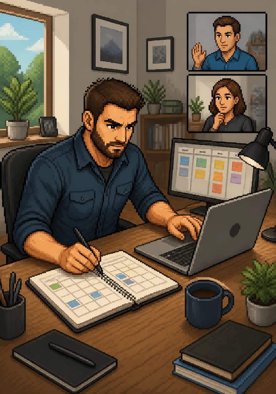 In another memory, Thomas works as a dedicated freelancer, managing his own projects and schedules with precision. This period of his life instilled a deep sense of personal responsibility and the ability to maintain a clear overview of complex tasks.